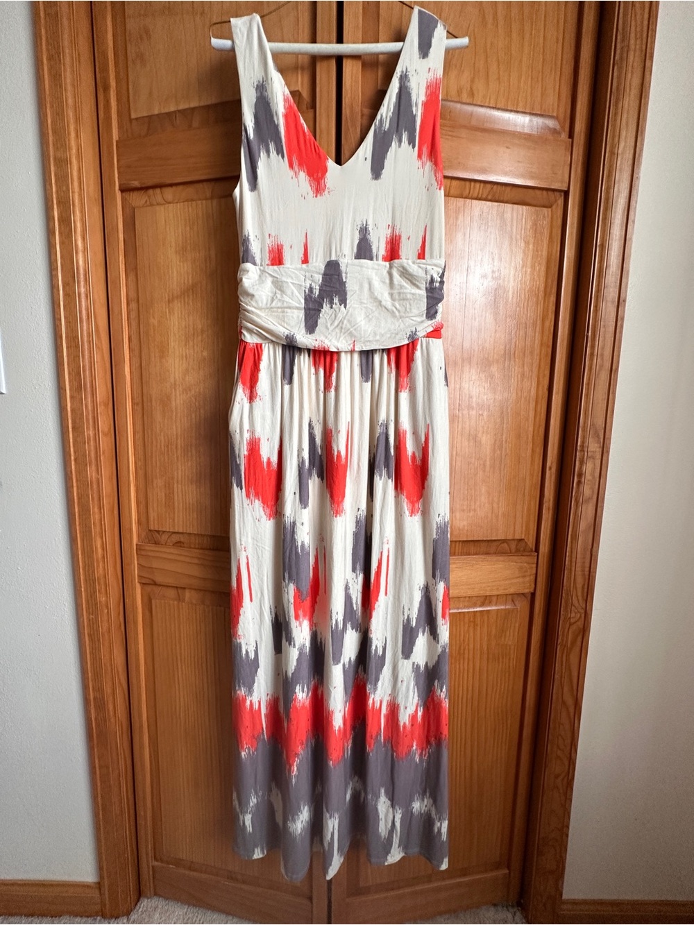 Anthropologie Maeve Cream Maxi Dress with Red & Gray Brushstroke Print- Large